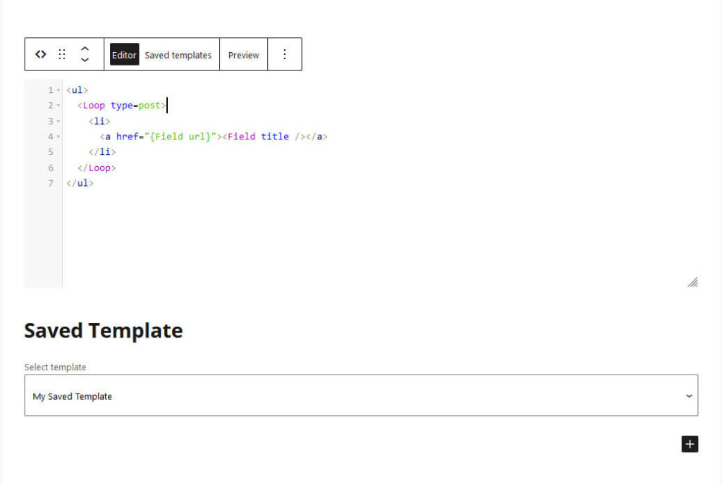 Two "Tangible Template" blocks placed in Gutenberg, one using the inline editor and the other loading in a saved template.